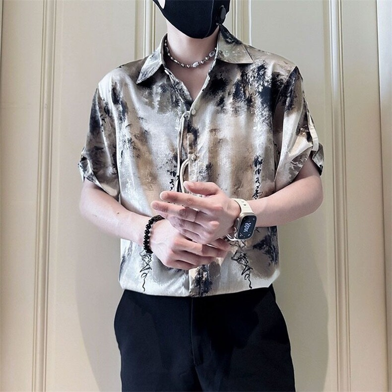 帛跃扎染短袖衬衫青少年潮流时尚个性痞帅宽松休闲衬衣男CA680,男装衬衫,星座1116A-2（原606A-1）