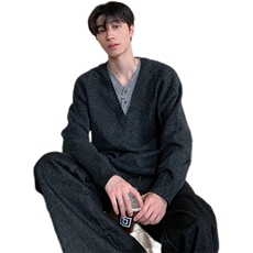 网图-假两件v领针织毛衣男xh167-特p50，男装针织衫/毛衣，电商B367