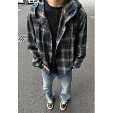 复古撞色格纹连帽长袖衬衫男女复古街头宽松休闲衬衣外套CT12，男装衬衫，星座1116A（原606A-3）
