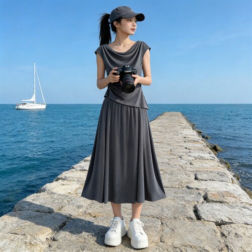 韩系深灰色时尚套装裙女夏季新款褶皱设计短袖上衣半身长裙两件套，女装套装/套裙，江南