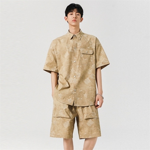 扎染脏脏工装短袖衬衫套装男款夏季半袖衬衣搭配短裤TZ001图片
