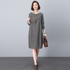 小个子棉麻直筒连衣裙春装大码妈妈中老年裙子宽松遮肚子气质短裙，女装连衣裙，依恋蒂丝