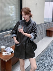 高级感咖色西装皮衣外套女秋季季宽松2025新款PU皮夹克韩版时尚潮，女装皮衣，意芙