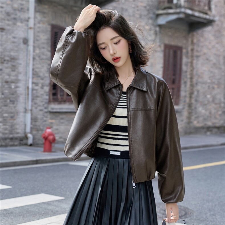 皮衣女2025秋季新款时尚翻领宽松皮外套,女装皮衣,英标秀（1C119）