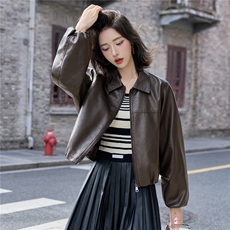 皮衣女2025秋季新款时尚翻领宽松皮外套，女装皮衣，英标秀（1C119）