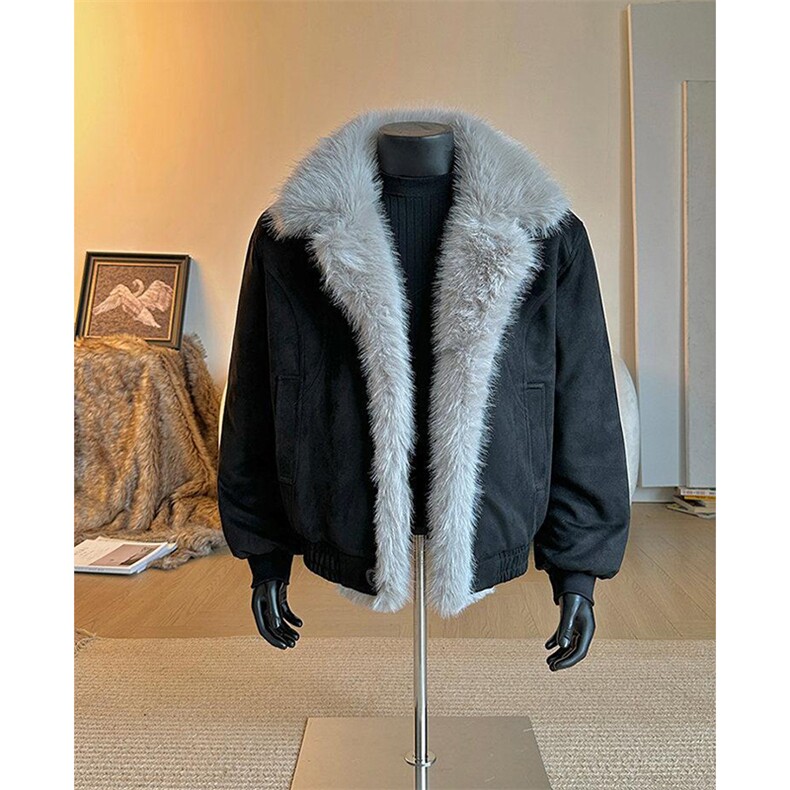 现货重磅硬挺boxy羽绒棉衣座山雕大毛毛领洗水麂皮棉服冬外套，男装棉衣，电商A486-1