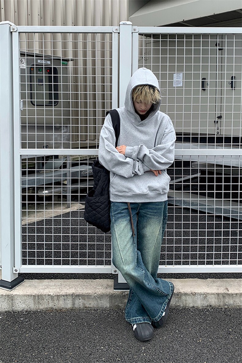 灰色cleanfit男生短款卫衣美式重磅连帽大帽衫廓形外套潮WY004P48,女装短外套,电商B312