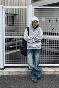 灰色cleanfit男生短款卫衣美式重磅连帽大帽衫廓形外套潮WY004P48图片