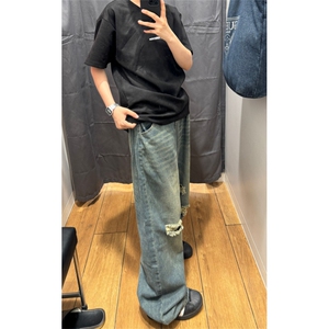 美式潮流宽松嘻哈vibe复古休闲阔腿破洞牛仔裤男新款10011-p53图片