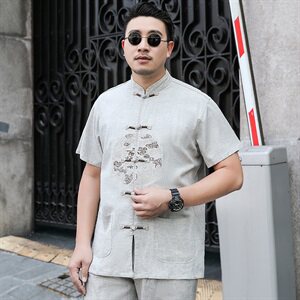 M-7XL夏季男式短袖唐装中国风亚麻爸爸棉麻衬衫加肥大码1809图片