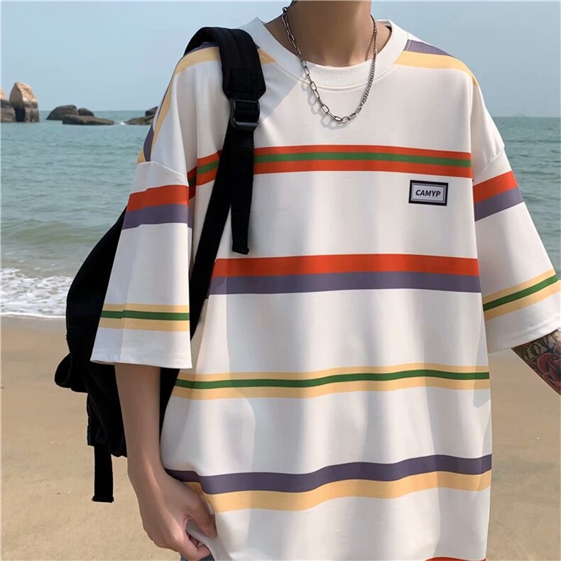 夏季港风条纹短袖T恤男生潮流宽松情侣半袖打底衫五分袖T313-P20,男装T恤,星座1008
