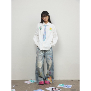 蜡笔手绘领带长袖衬衫男款情侣学院风白色衬衣设计感小众宽松外套图片