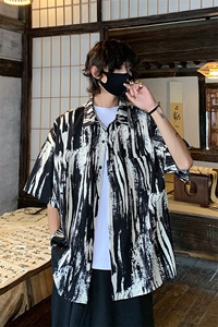 特批P25无差价夏季薄款冰丝大码衬衫复古水墨画五分袖衬衣男CD891图片