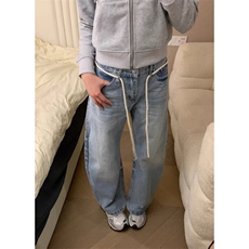 美式复古蓝色水洗弯刀牛仔裤男女宽松情侣抽绳裤子K7096-P48网图，男装牛仔裤，电商B245