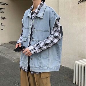 港风秋季复古做旧无袖坎肩外套男牛仔背心马甲外穿百搭 N210 P45图片