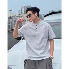 1506/QLD9010/P33亨利领短袖男夏季T恤打底衫浅灰色美式polo衫，男装T恤，星座1506