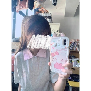 H0606-P35格子领+刺绣夏季新款宽松T恤女图片