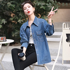 牛仔衬衣女早春秋欧货爆款2025新款设计感大码胖mm中长款衬衫上衣，女装衬衫，丽影随形