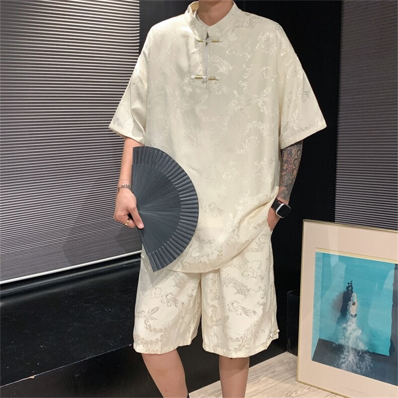 量大优供视频新风龙凤提花冰丝短袖短裤套装男TZ2406-特P60,男装休闲套装,电商A028
