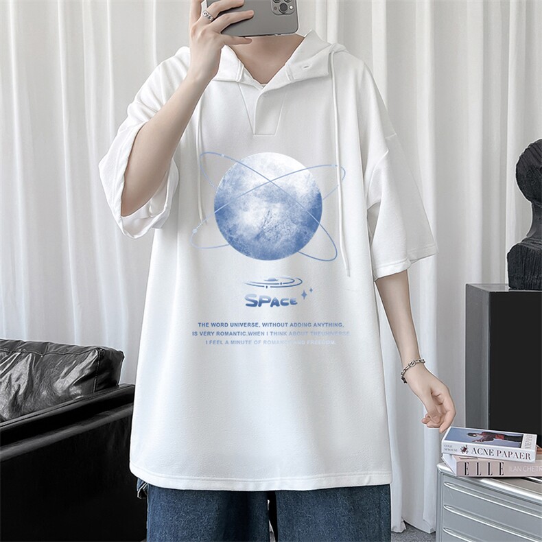 LD54241-P45 连帽短袖t恤男大码胖子带帽五分袖中袖图片