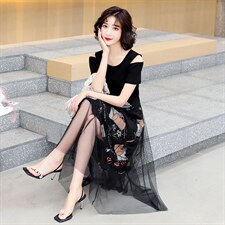 2022夏季新款优雅圆领轻熟气质网纱印花拼接连衣裙，女装连衣裙，歌伊格美