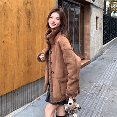 两面穿环保麂皮皮毛一体外套女秋冬独特超好看加绒加厚羊羔毛大衣，女装毛呢外套，2C122