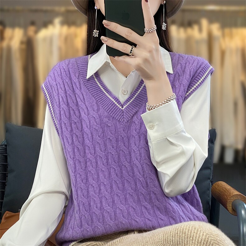 2023秋冬款V领麻花衫女无袖叠穿加厚宽松打底衫马甲上,女装马甲,蒙莲贝斯