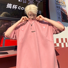 2026夏美式重磅麂皮绒情侣大码日系短袖T恤半袖T6602/特P25粉色，男装T恤，电商A094