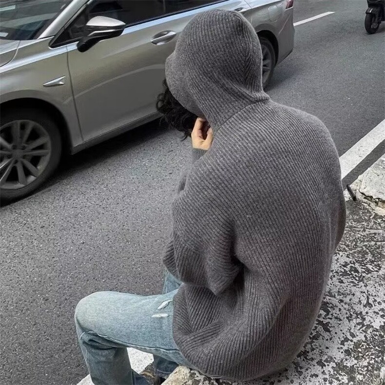 复古灰拉链开衫连帽毛衣男春秋款日系慵懒学院风高级感宽松针织衫,男装针织衫/毛衣,星座218-1（原230）