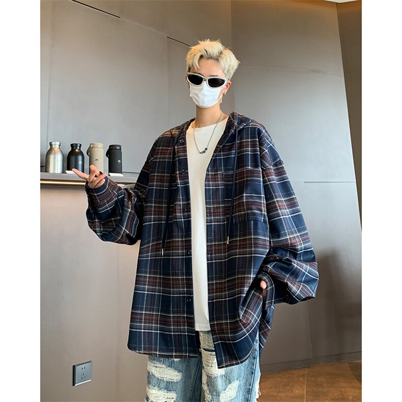 cleanfit格子连帽衬衫男潮流美式复古长袖格纹衬衣外套C21/P60，男装衬衫，星座506