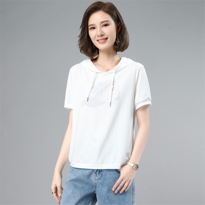 板酷2026夏装新款时尚宽松烫钻纯色女装上衣连帽T恤B619,女装T恤,板酷