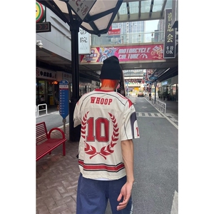 美式V领10号撞色印花拼接短袖球衣男女舒适运动宽松上衣t恤YTX171图片