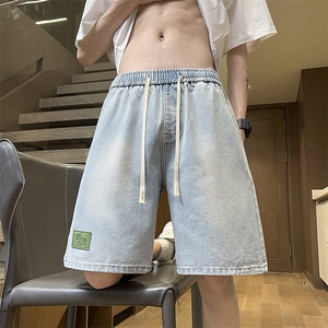 浅蓝松紧裤腰抽绳牛仔短裤2025夏季潮流痞帅直筒裤男D27#-P38图片