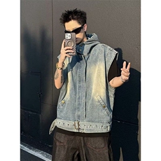 美式复古水洗做旧连帽马甲潮宽松休闲时尚夹克外套，男装夹克，星座410-7