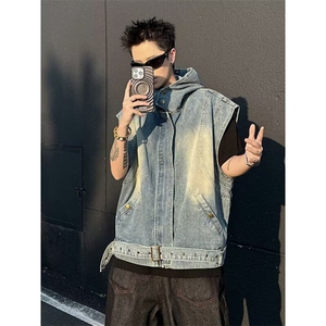 美式复古水洗做旧连帽马甲潮宽松休闲时尚夹克外套图片