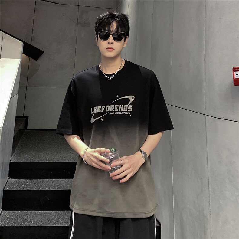 夏季美式水洗醉酒渐变黑色男士短袖T恤男圆领纯棉上衣T608-38，男装T恤，电商C307A