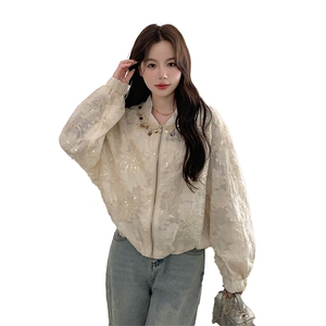杏色蕾丝刺绣短款外套女2025秋季新款独特设计感超好看小个子上衣图片