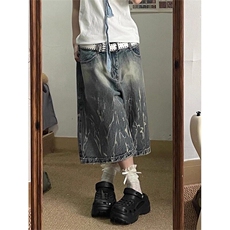 美式街头闪电纹牛仔七分裤复古大码宽松显瘦阔腿直筒裤NK1113，男装牛仔裤，星座1116A（原606A-3）