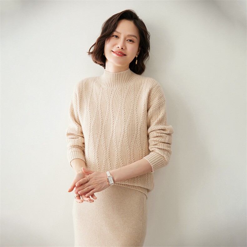 时尚麻花半高领女士羊绒衫显瘦保暖秋冬必备,女装羊绒衫,迎冬羊绒