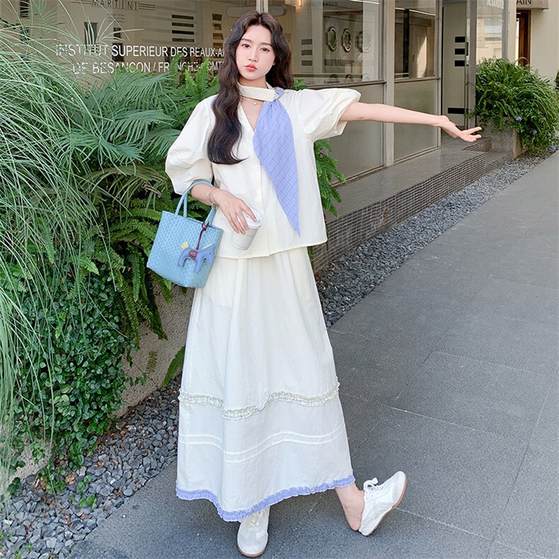 高级感V领上衣半身裙两件套女夏季新款气质显瘦温柔风套装连衣裙,女装套装/套裙,浙宝305