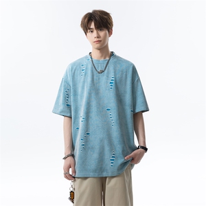 美式破洞短袖T恤男夏季潮牌半袖衣服宽松重磅体恤衫T3650-特价P33图片