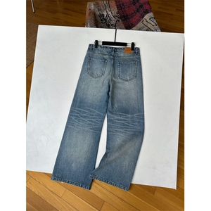 美式复古水洗折痕磨白阔腿牛仔裤宽松直筒拖地裤子K7125-P40网图图片