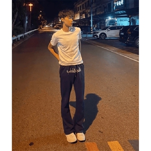 美式高街潮牌男女运动休闲裤直筒宽松慵懒显瘦印花休闲卫裤子图片