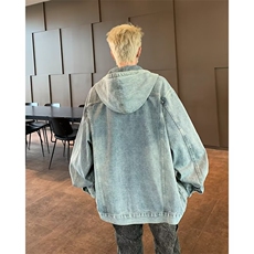 复古做旧水洗连帽牛仔外套男春秋季新款美式潮牌痞帅工装夹克上衣，男装夹克，星座410-7