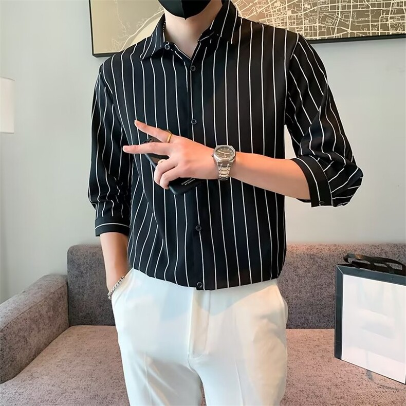 百搭衬衫标准简约ins条纹春季潮男原宿新款七分袖潮流C156-3,男装衬衫,星座1116A-2（原606A-1）