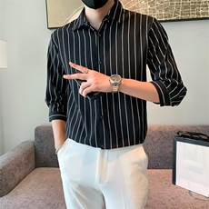 百搭衬衫标准简约ins条纹春季潮男原宿新款七分袖潮流C156-3，男装衬衫，星座1116A-2（原606A-1）
