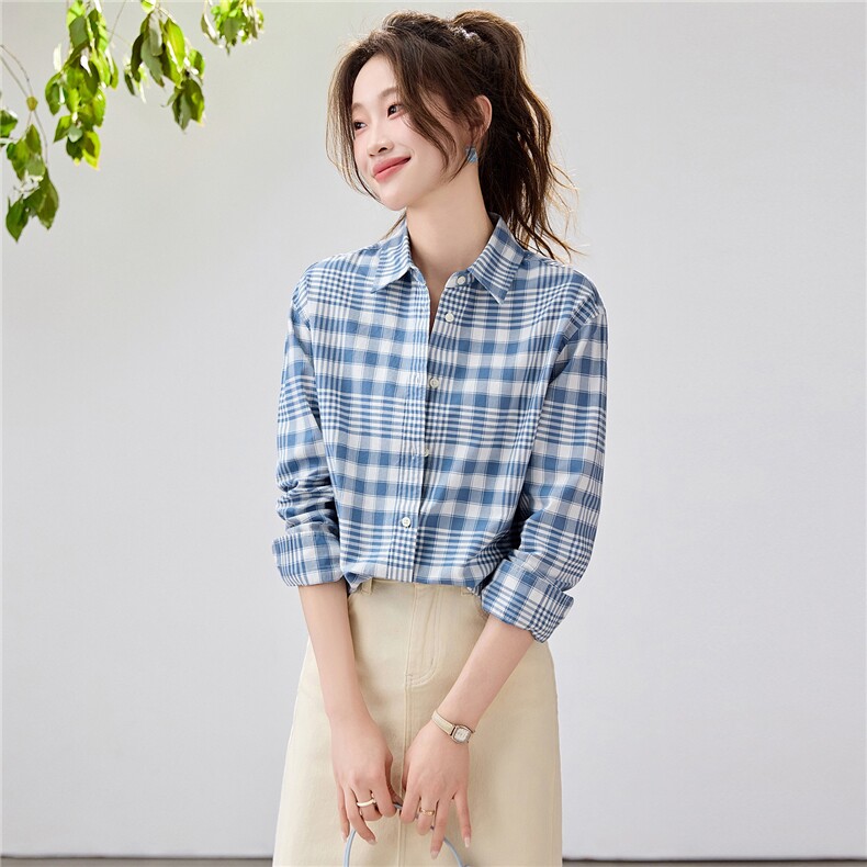2026春夏新款蓝白格纹衬衫女学院风宽松慵懒风叠穿衬衣透气纯棉，女装衬衫，艾米