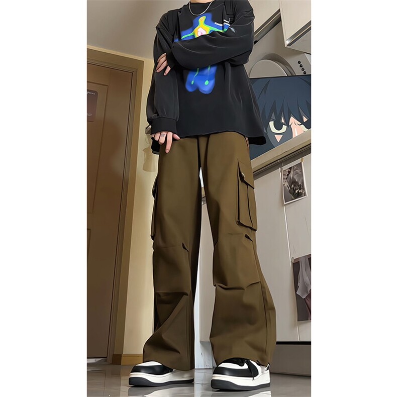 春季美式降落伞兵工装裤男高街复古褶皱休闲裤阔腿直筒KZ012P78,男装休闲裤,电商B312