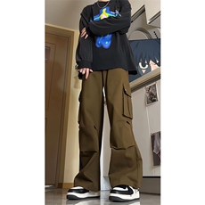 春季美式降落伞兵工装裤男高街复古褶皱休闲裤阔腿直筒KZ012P78，男装休闲裤，电商B312