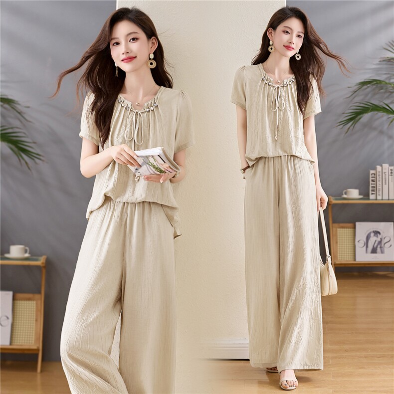 2025夏新款高级感时尚超好看御姐范休闲宽松系带上衣阔腿裤套装女，女装套装/套裙，布芭啦